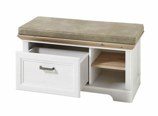 Weiße Bank mit Stauraum, gepolstertem Sitzkissen und offener Schublade, seitliche Perspektive