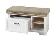 Weiße Bank mit Stauraum, gepolstertem Sitzkissen und offener Schublade, seitliche Perspektive