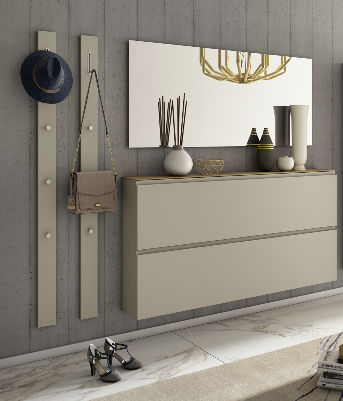 Moderano Garderoben-Set LECCO Garderobenset mit zwei Wandpaneelen, einem großen Spiegel und einer schwebenden Kommode in einer modernen, eleganten Einrichtung. Perspektive von vorne.