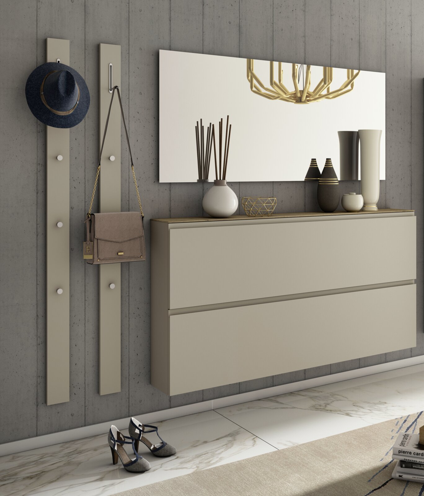 Moderano Garderoben-Set LECCO Garderobenset mit zwei Wandpaneelen, einem großen Spiegel und einer schwebenden Kommode in einer modernen, eleganten Einrichtung. Perspektive von vorne.