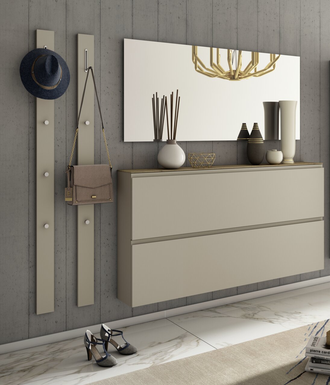 Moderano Garderoben-Set LECCO Garderobenset mit zwei Wandpaneelen, einem großen Spiegel und einer schwebenden Kommode in einer modernen, eleganten Einrichtung. Perspektive von vorne.