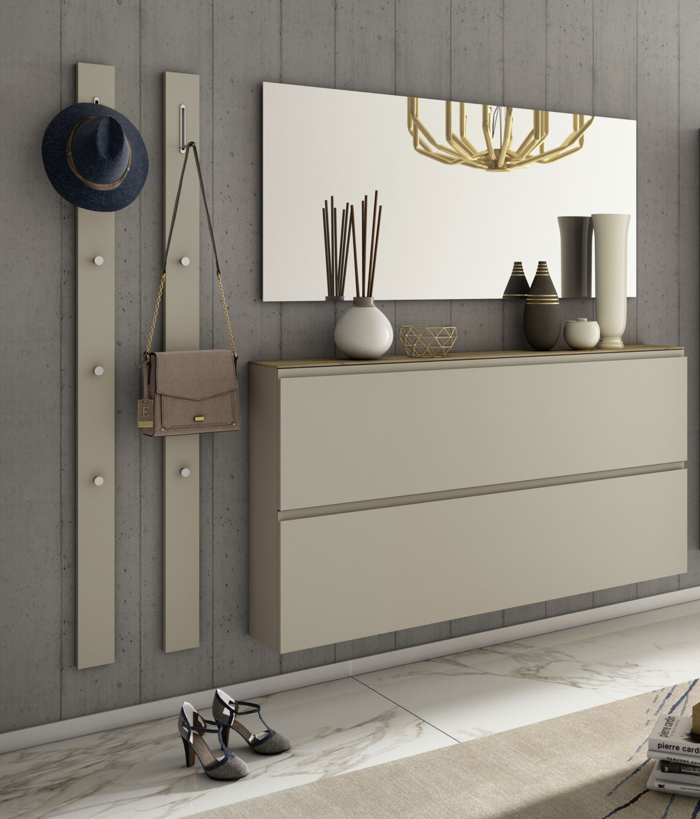 Moderano Garderoben-Set LECCO Garderobenset mit zwei Wandpaneelen, einem großen Spiegel und einer schwebenden Kommode in einer modernen, eleganten Einrichtung. Perspektive von vorne.