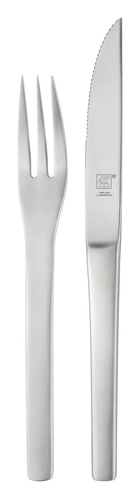 Steakbesteck bestehend aus Messer und Gabel aus Edelstahl, frontal abgebildet
