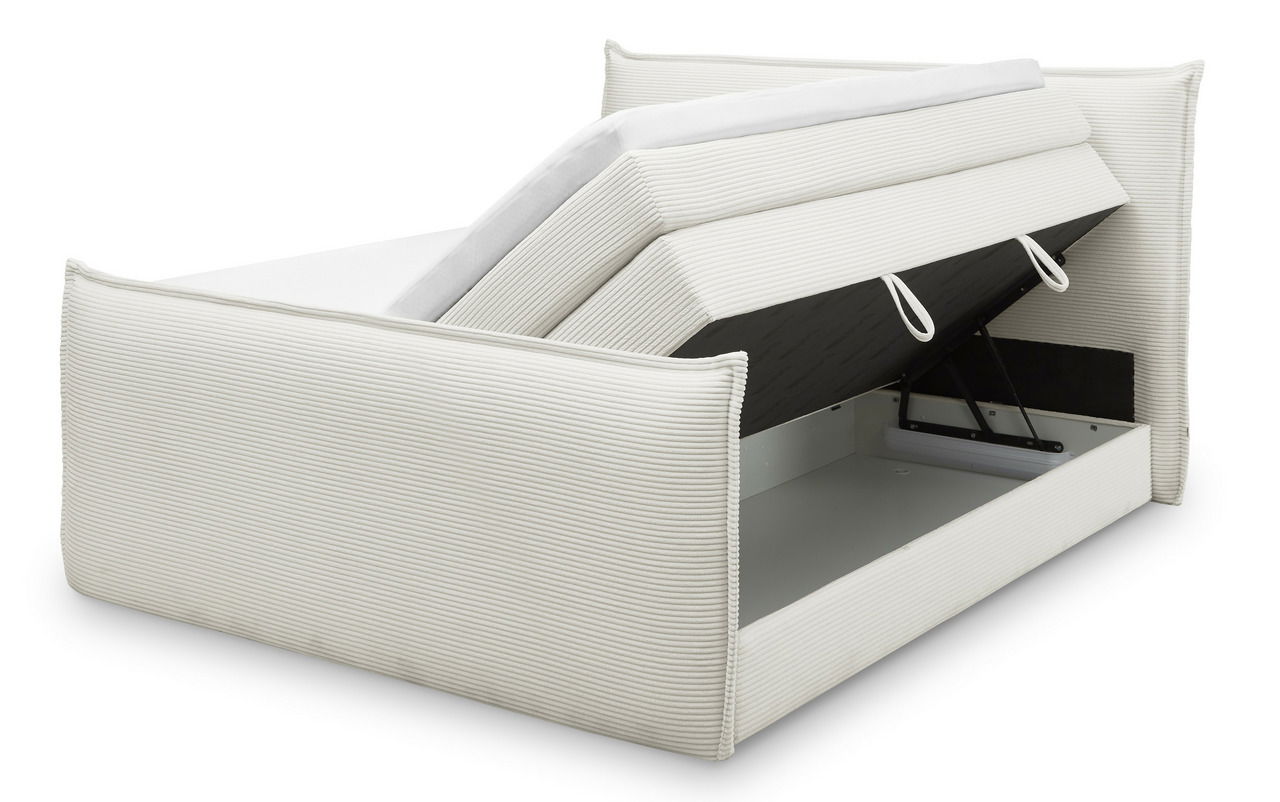 Boxspringbett mit geöffnetem Stauraum, seitliche Perspektive