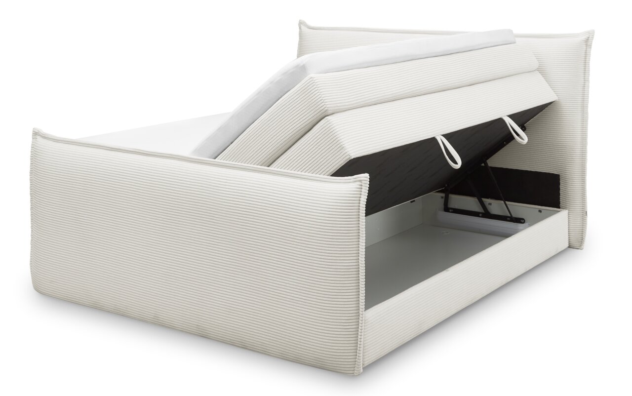Boxspringbett mit geöffnetem Stauraum, seitliche Perspektive