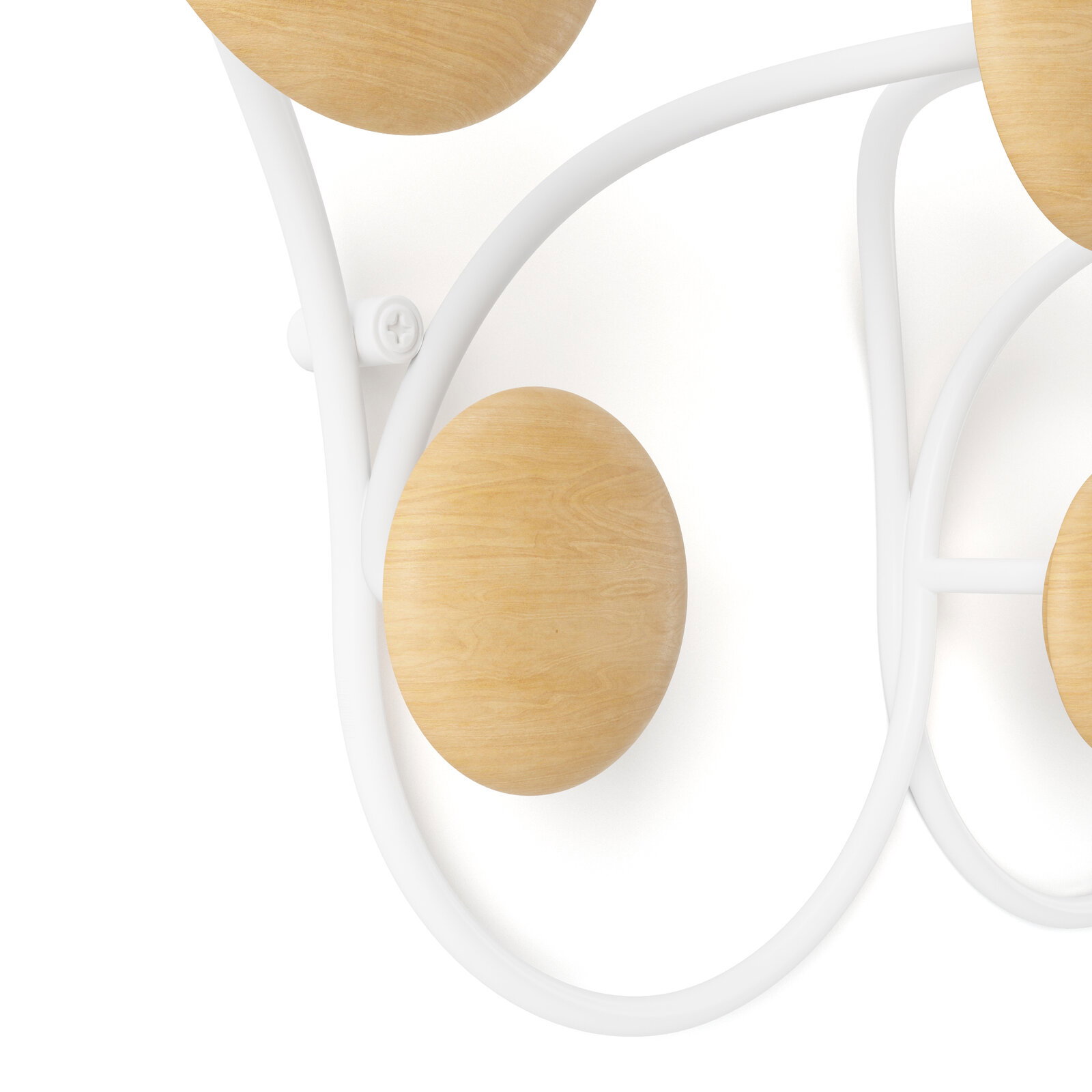 Nahaufnahme einer Wandgarderobe mit runden Holzkugeln und weißem Metallrahmen, seitliche Perspektive.