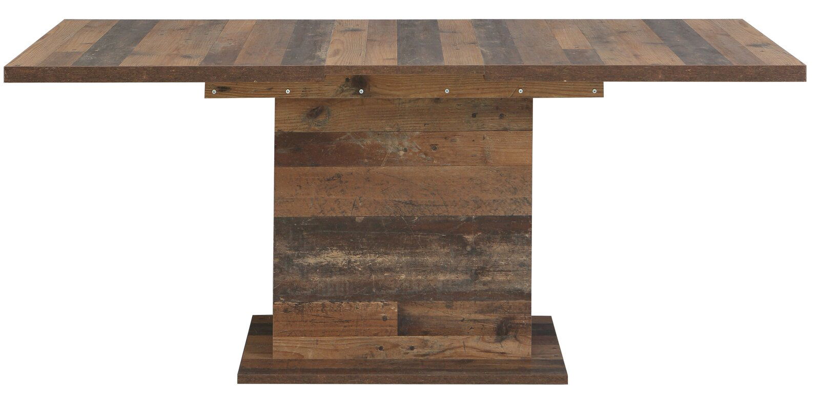 Rustikaler Esstisch aus Holz in Frontansicht, mit massiver Tischplatte und stabiler Mittelsäule.