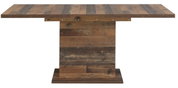 Rustikaler Esstisch aus Holz in Frontansicht, mit massiver Tischplatte und stabiler Mittelsäule.