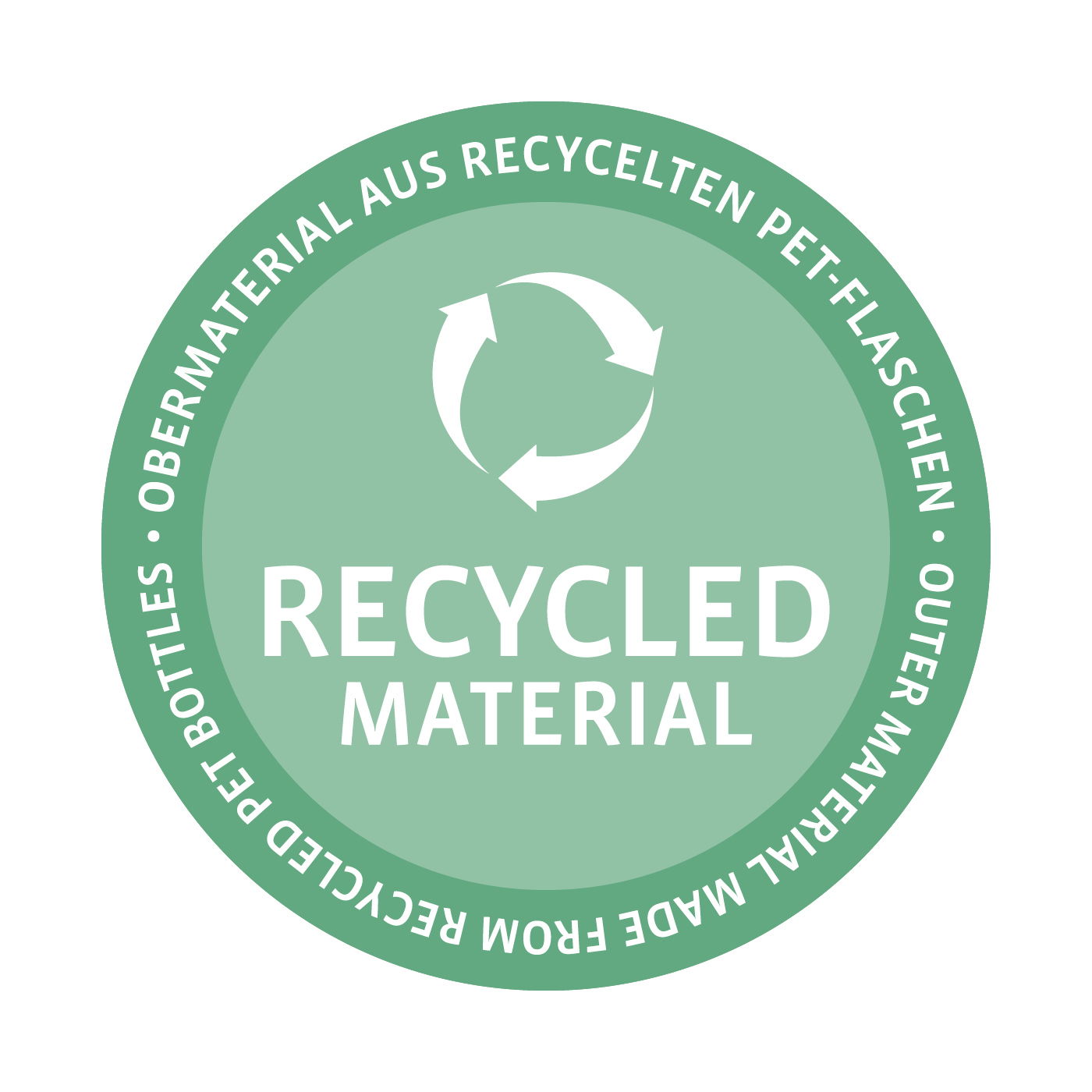 Rundes Siegel mit der Aufschrift 'Recycled Material', das auf die Verwendung von recycelten PET-Flaschen als Obermaterial hinweist. Perspektive: Draufsicht.