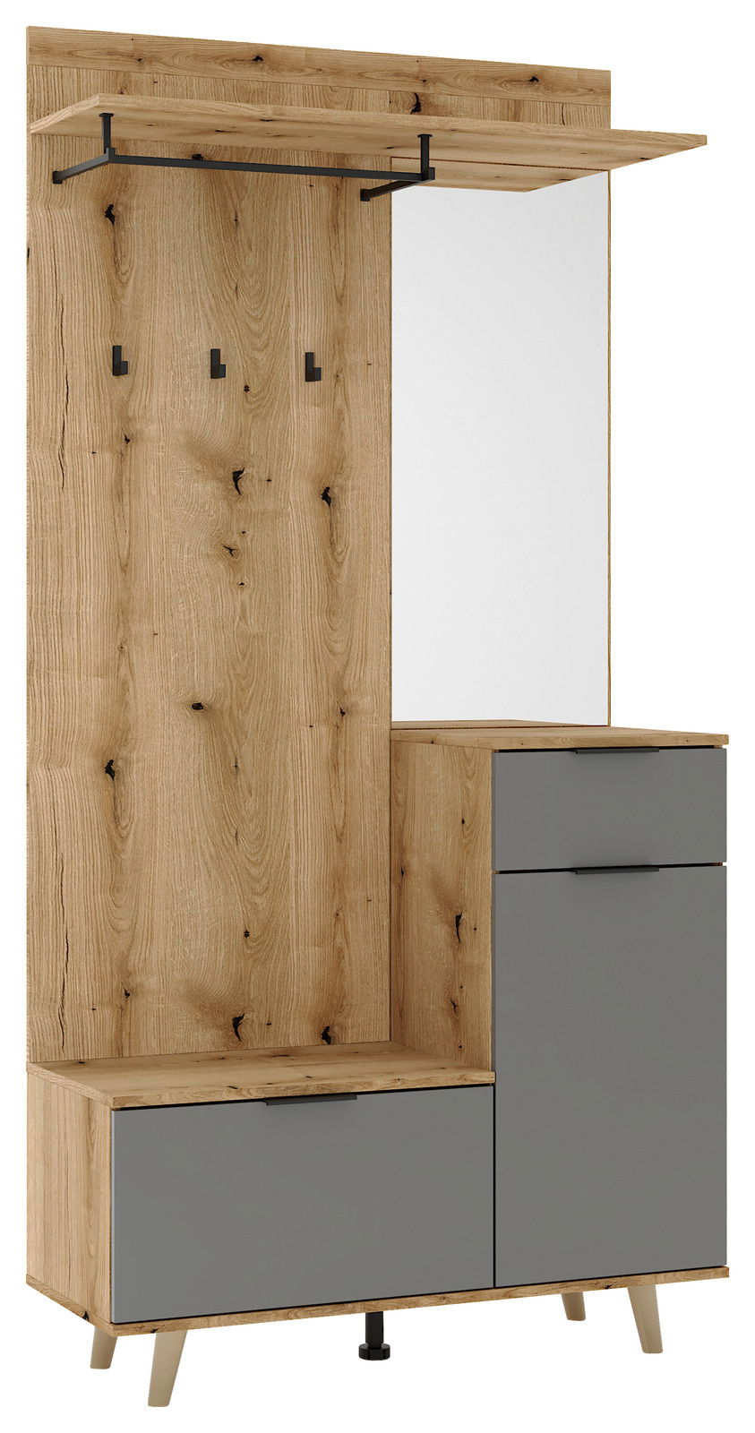 Kompaktgarderobe aus Holz mit grauen Schubladen, Spiegel und Haken, seitliche Perspektive