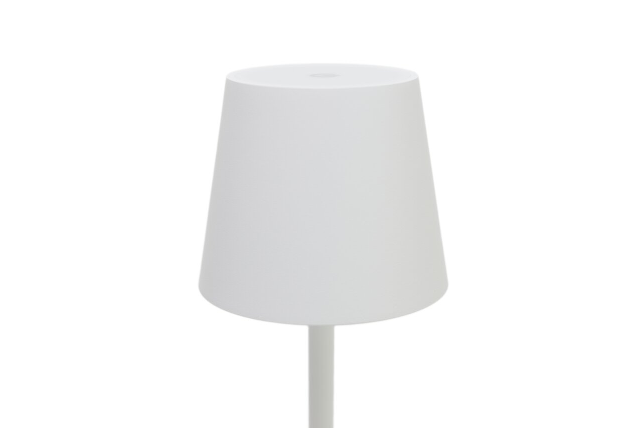 Witte accu-tafellamp in minimalistisch design, zijaanzicht