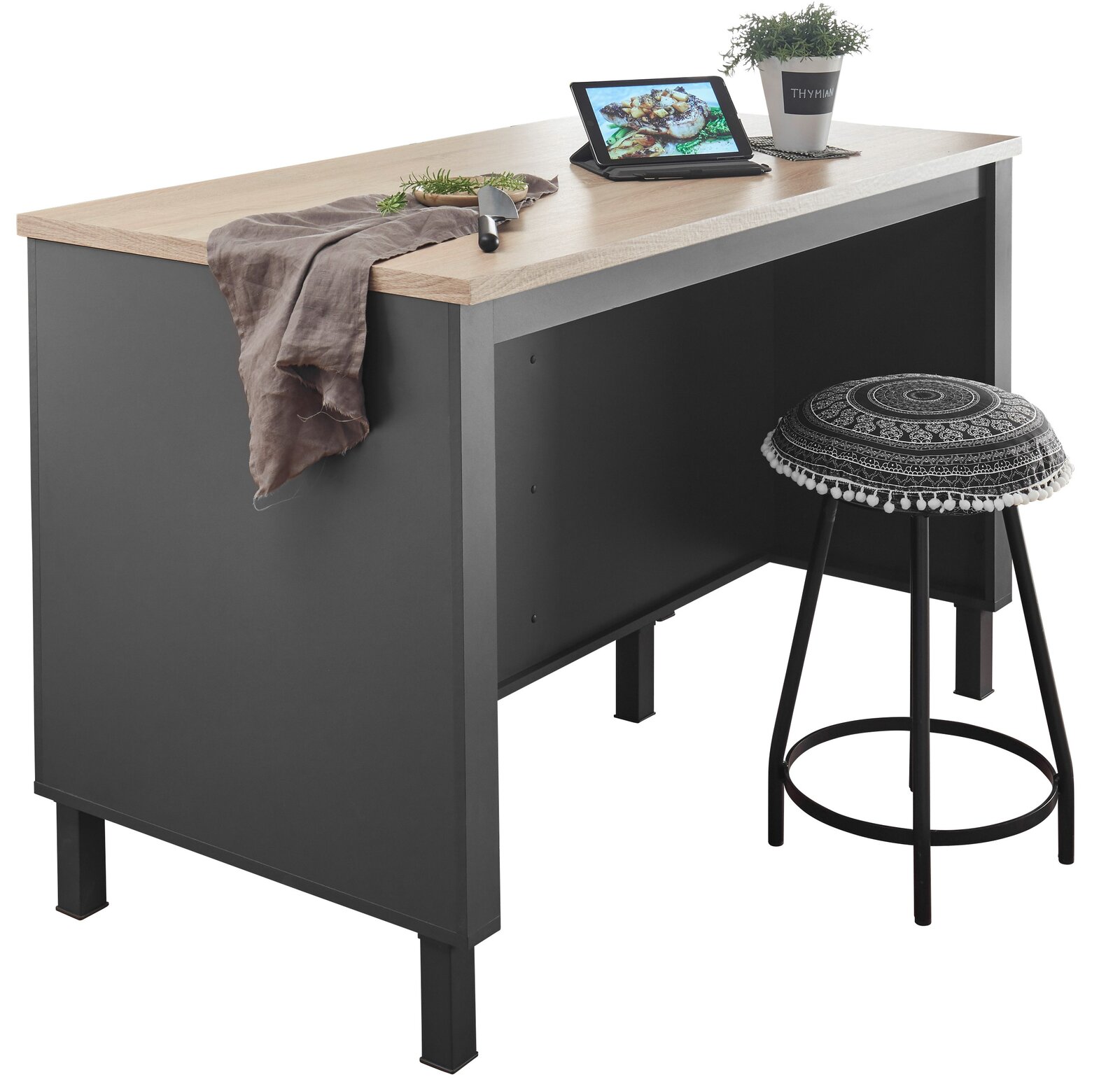 Kücheninsel mit Holzplatte, schwarzem Korpus und Hocker, seitliche Perspektive