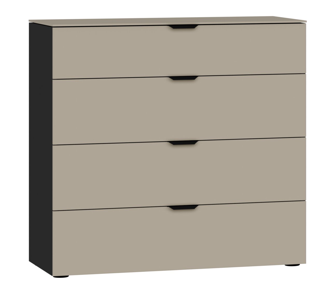 Kommode mit vier Schubladen in Beige und schwarzem Rahmen, Frontalansicht