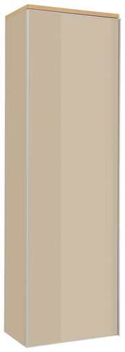 Beigefarbener Hängegarderobenschrank mit Holzoberfläche, seitliche Perspektive