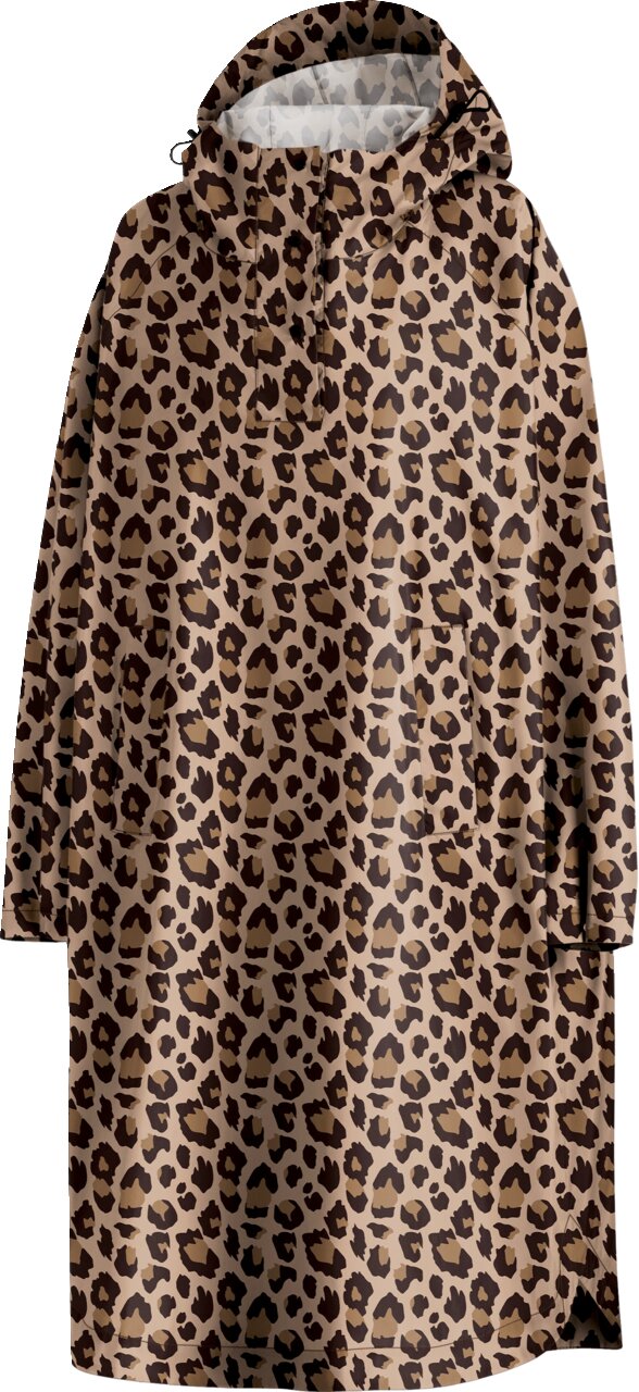 Reisenthel Mini Maxi Raincoat LEO MACCHIATO Langer Regenponcho mit Kapuze im Leopardenmuster in Beige und Schwarz, Frontansicht.