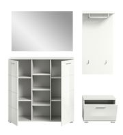 Garderobenkombination in Weiß mit Spiegel, Schuhschrank und Wandpaneel mit Haken, frontale Ansicht
