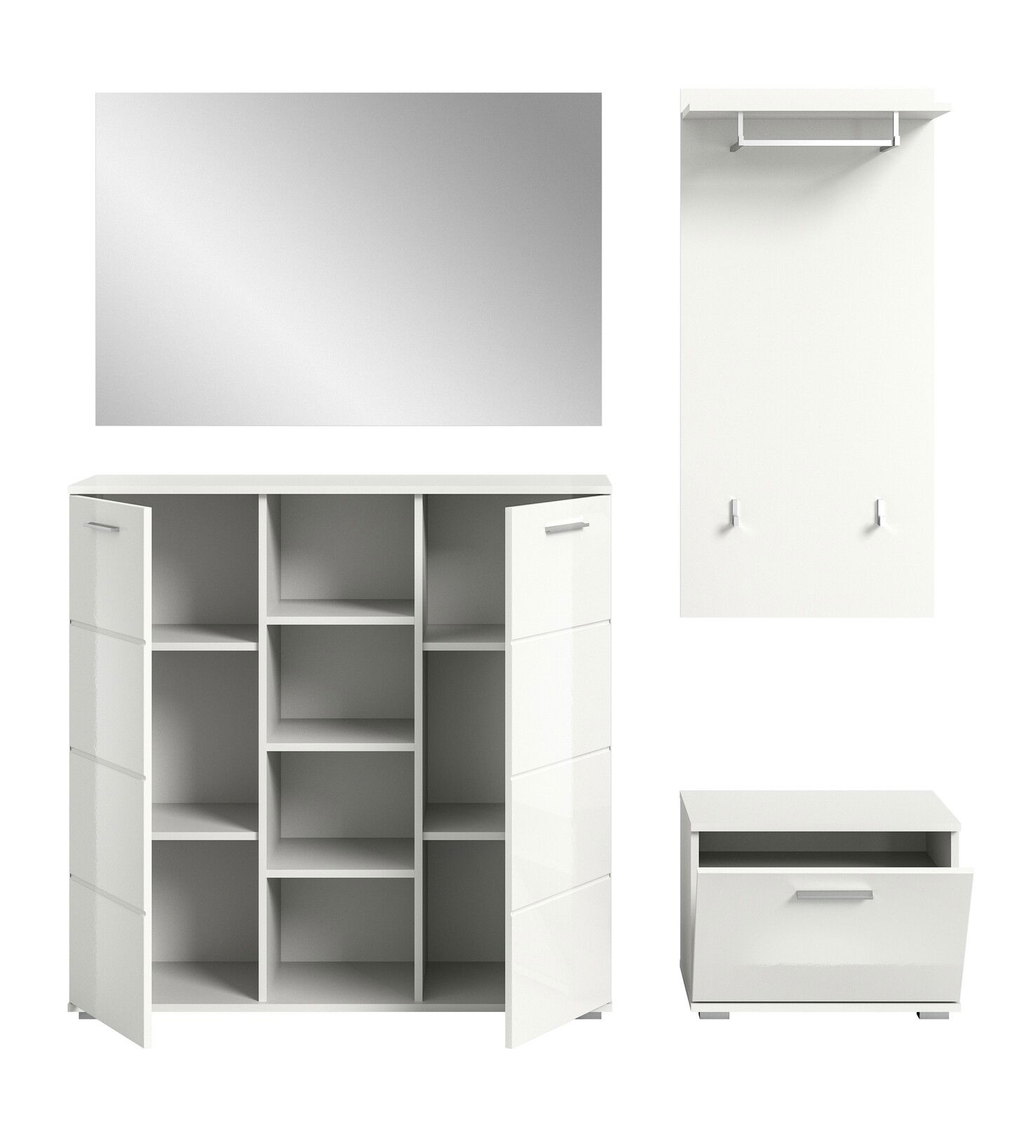 Garderobenkombination in Weiß mit Spiegel, Schuhschrank und Wandpaneel mit Haken, frontale Ansicht