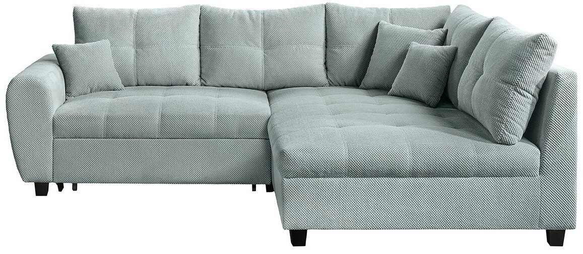 Graues Ecksofa mit weichem Stoffbezug, mehreren Kissen und einer modernen, gemütlichen Ausstrahlung. Perspektive: Frontalansicht.