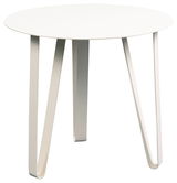 Moderner weißer Beistelltisch mit runder Tischplatte und drei gebogenen Beinen, seitliche Perspektive