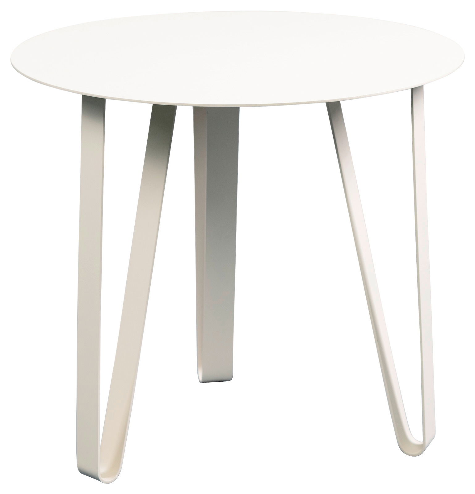 XORA Beistelltisch EMIL Moderner weißer Beistelltisch mit runder Tischplatte und drei gebogenen Beinen, seitliche Perspektive
