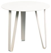 Moderner weißer Beistelltisch mit runder Tischplatte und drei gebogenen Beinen, seitliche Perspektive