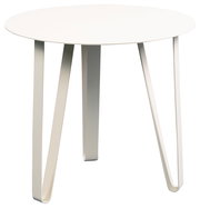 Moderner weißer Beistelltisch mit runder Tischplatte und drei gebogenen Beinen, seitliche Perspektive