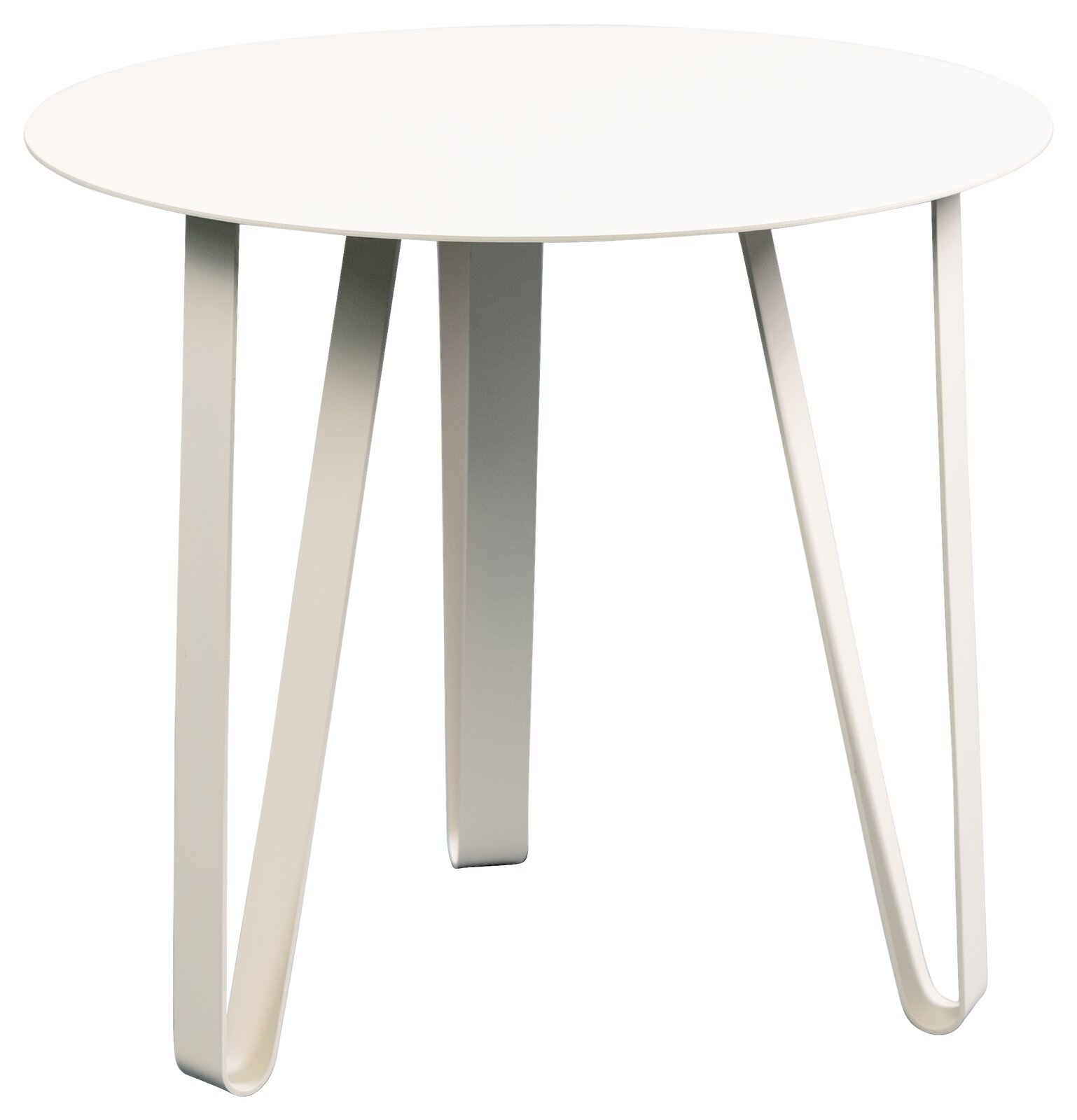 Moderner weißer Beistelltisch mit runder Tischplatte und drei gebogenen Beinen, seitliche Perspektive