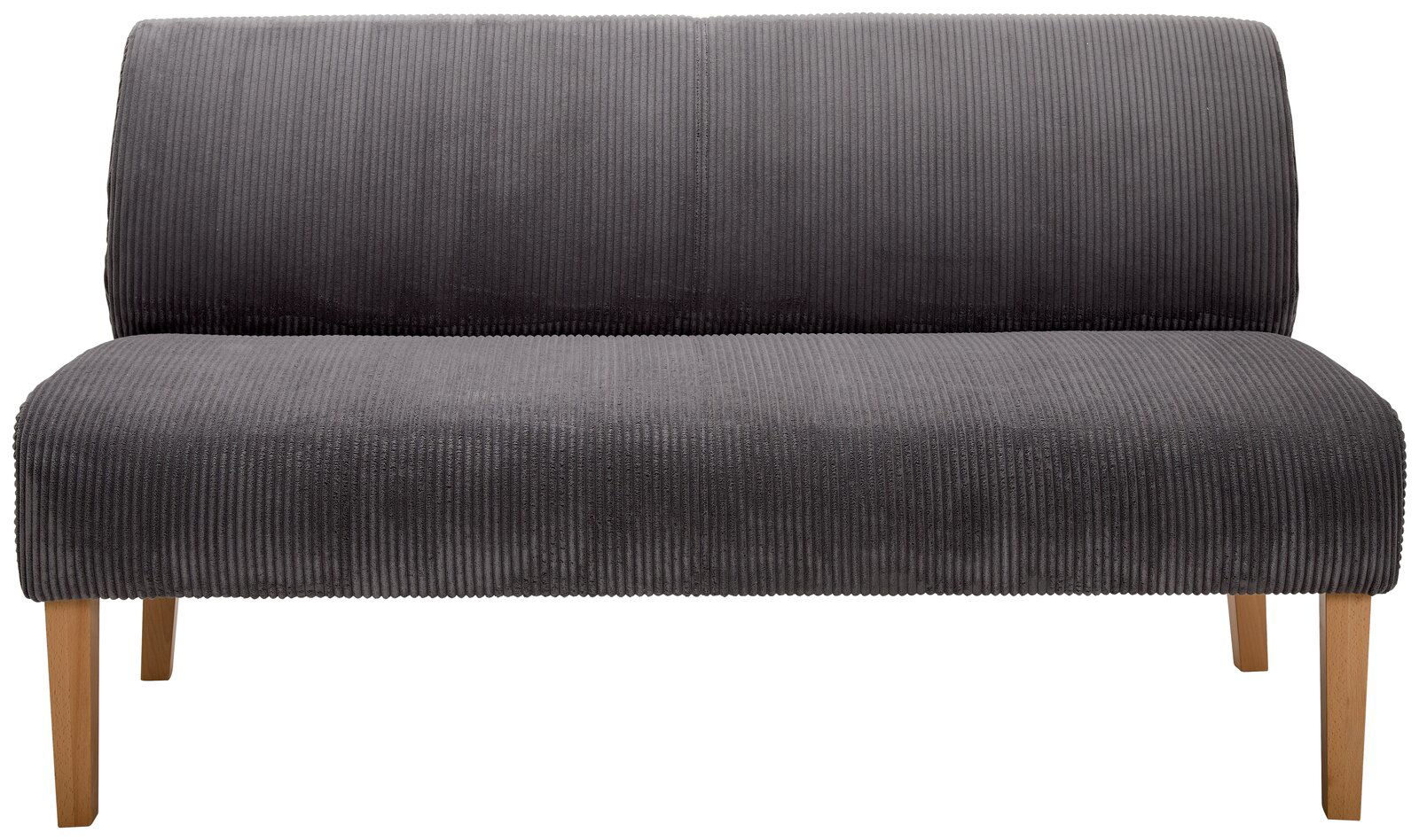 Graue Sitzbank FLORA mit Holzbeinen, Vorderansicht