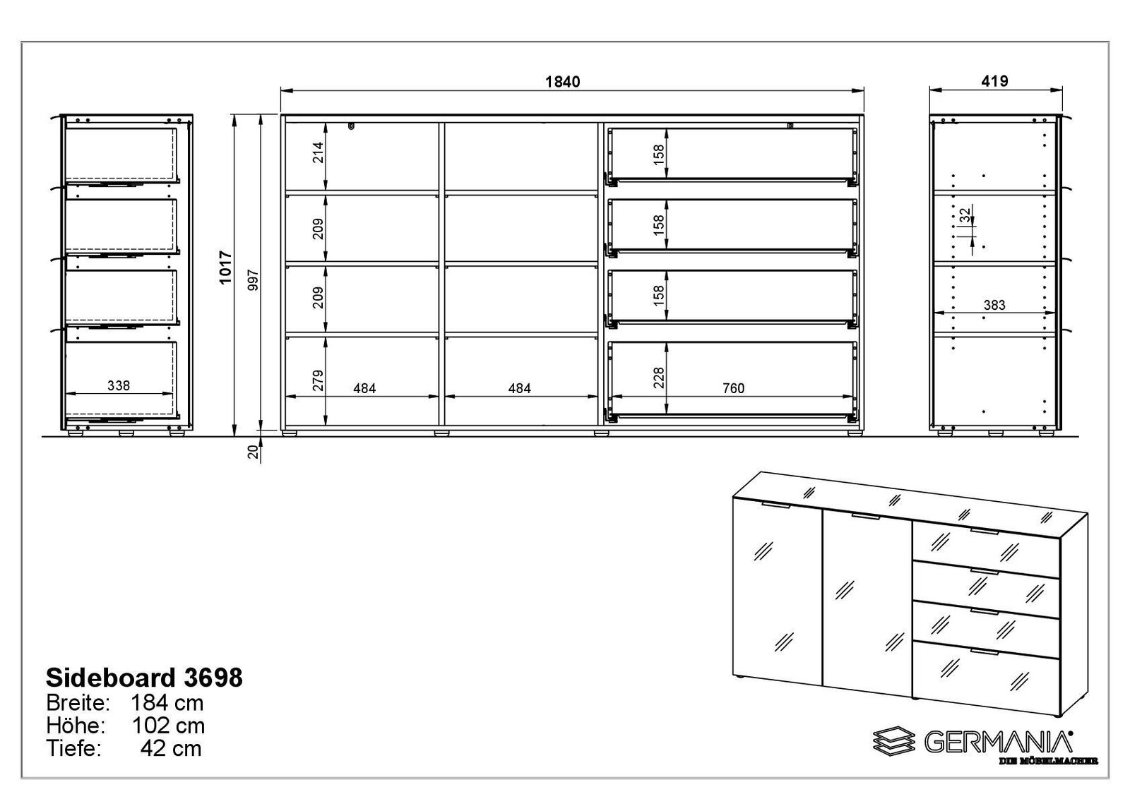 Technische Zeichnung eines XL-Sideboards mit den Maßen 184 cm Breite, 102 cm Höhe und 42 cm Tiefe, Frontansicht und Seitenansicht.