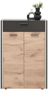 Moderner Schuhschrank mit Holzoptik und dunkler Schublade, frontal abgebildet, dekoriert mit Vasen und Pflanze.