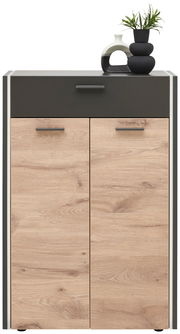Moderner Schuhschrank mit Holzoptik und dunkler Schublade, frontal abgebildet, dekoriert mit Vasen und Pflanze.