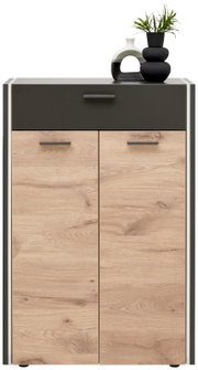 Moderner Schuhschrank mit Holzoptik und dunkler Schublade, frontal abgebildet, dekoriert mit Vasen und Pflanze.