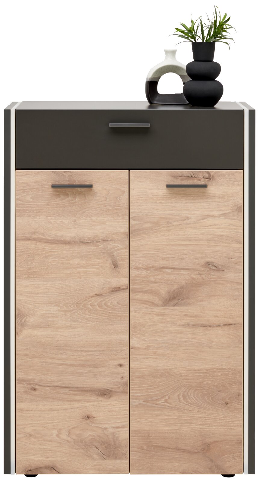 Moderner Schuhschrank mit Holzoptik und dunkler Schublade, frontal abgebildet, dekoriert mit Vasen und Pflanze.