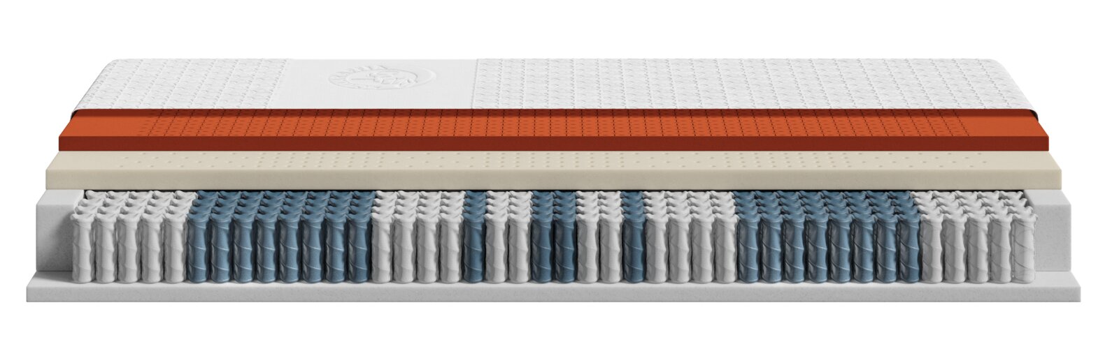 Mehrschichtige Matratze mit weißem Bezug, orangefarbener Komfortschicht, perforierter Schaumschicht und blau-weißen Taschenfedern in seitlicher Schnittansicht