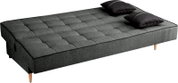 Graues Schlafsofa 3-Sitzer in Liegeposition mit zwei schwarzen Kissen, seitliche Perspektive