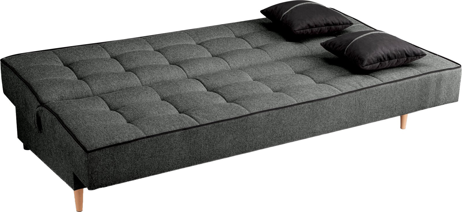 Graues Schlafsofa 3-Sitzer in Liegeposition mit zwei schwarzen Kissen, seitliche Perspektive