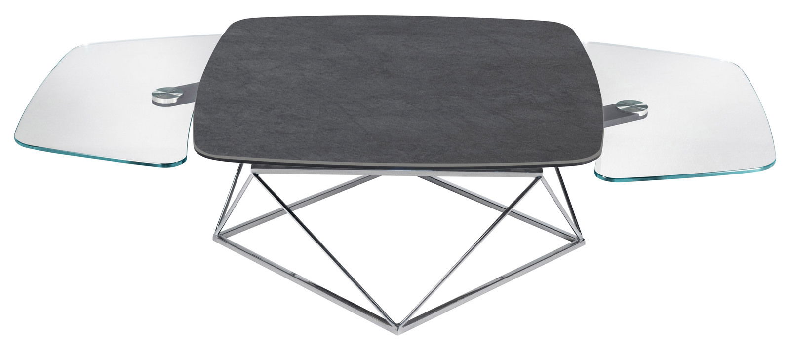 Moderner Couchtisch mit dunkler quadratischer Tischplatte und zwei ausziehbaren Glaselementen, seitliche Perspektive.