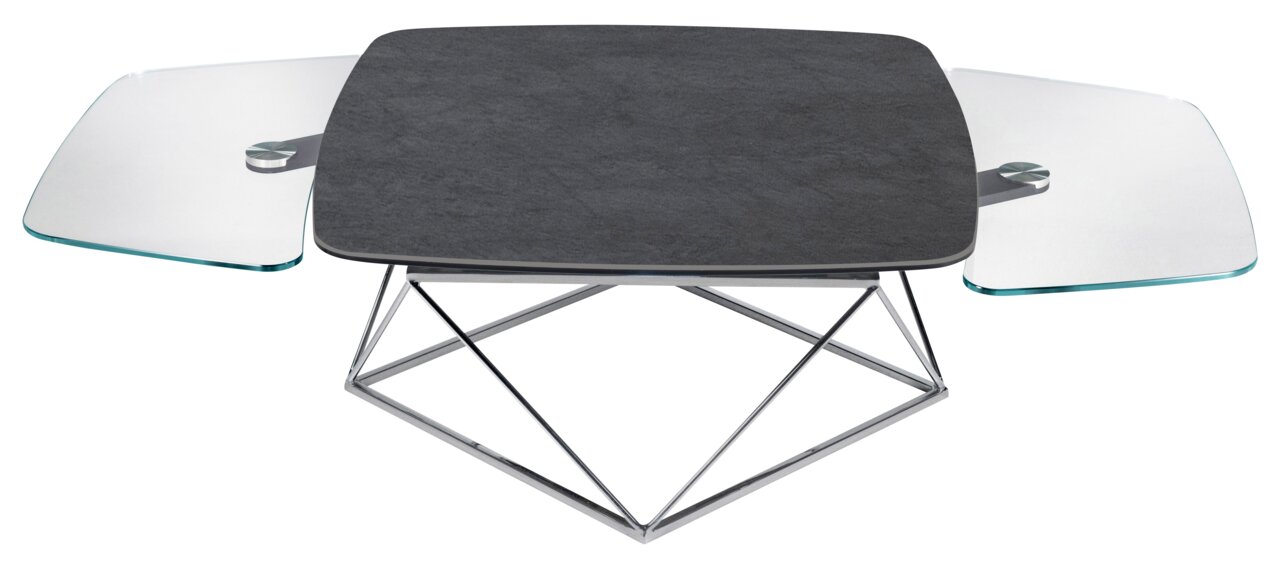 Moderner Couchtisch mit dunkler quadratischer Tischplatte und zwei ausziehbaren Glaselementen, seitliche Perspektive.