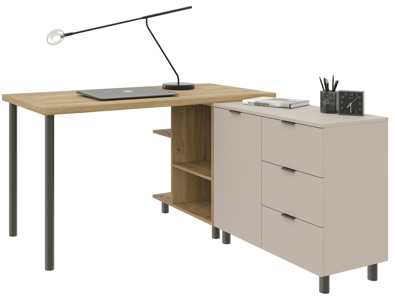 Eck-Schreibtischkombination mit Holzplatte, schwarzen Metallbeinen und integriertem Schrank mit Schubladen, seitliche Perspektive