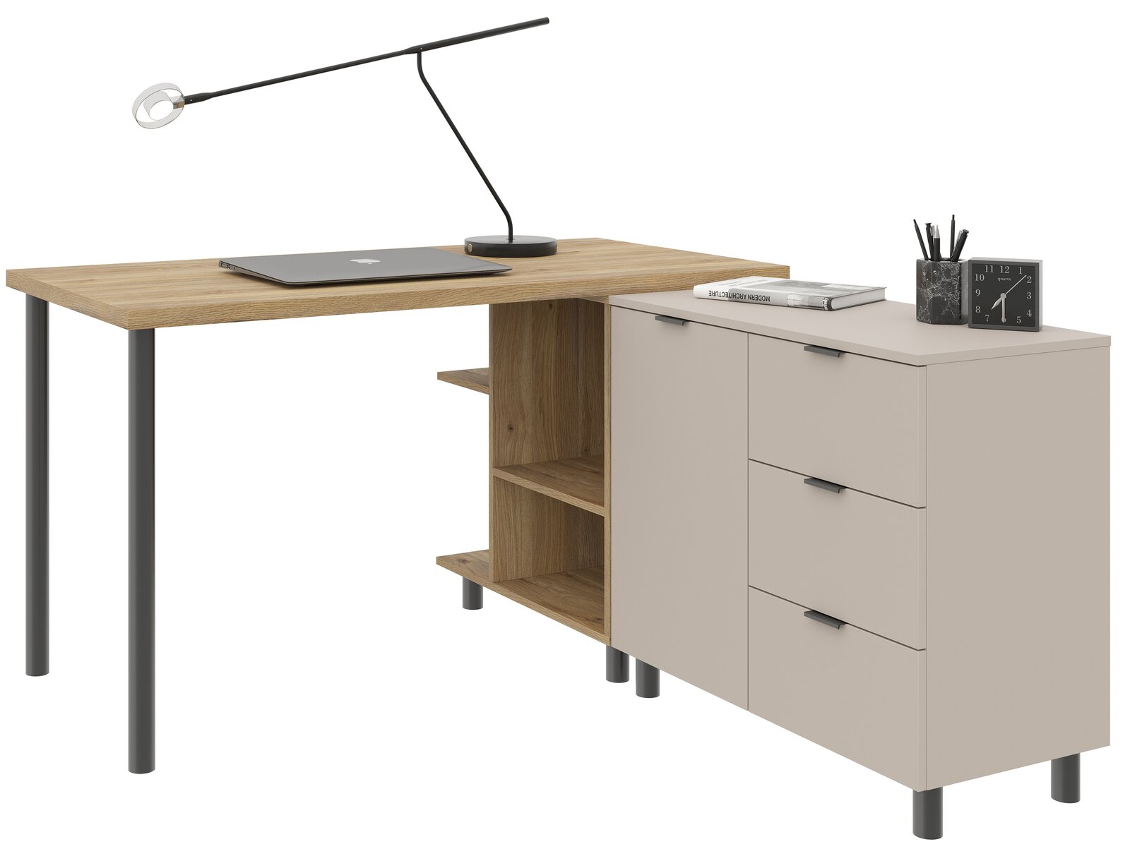 Eck-Schreibtischkombination mit Holzplatte, schwarzen Metallbeinen und integriertem Schrank mit Schubladen, seitliche Perspektive