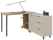 Eck-Schreibtischkombination mit Holzplatte, schwarzen Metallbeinen und integriertem Schrank mit Schubladen, seitliche Perspektive