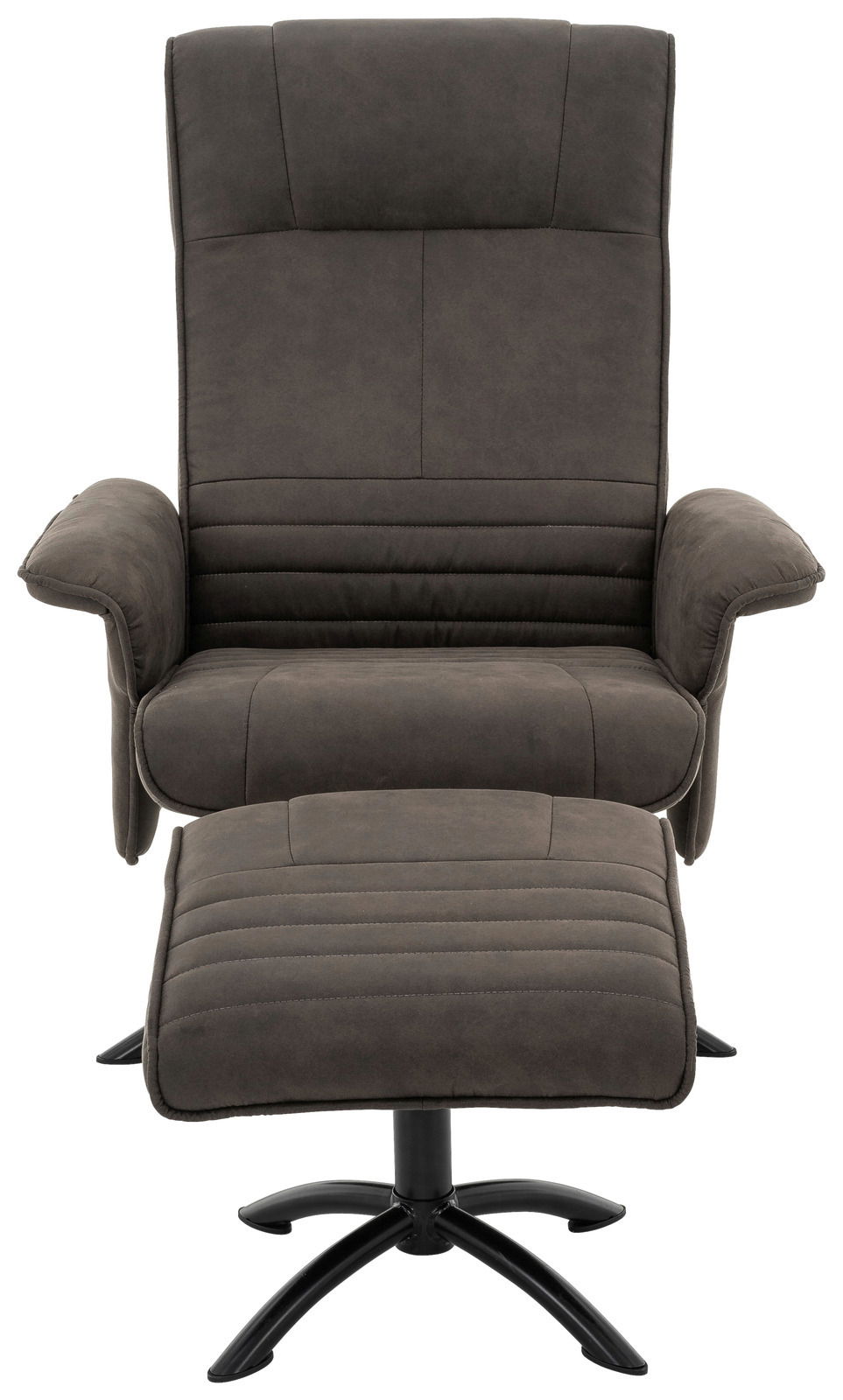 Frontansicht eines grauen Relaxsessels mit Fußhocker, gepolstert und mit schwarzem Metallfuß.