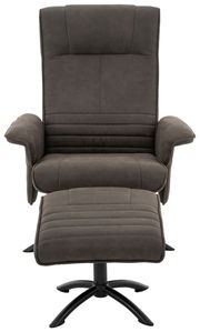 Frontansicht eines grauen Relaxsessels mit Fußhocker, gepolstert und mit schwarzem Metallfuß.