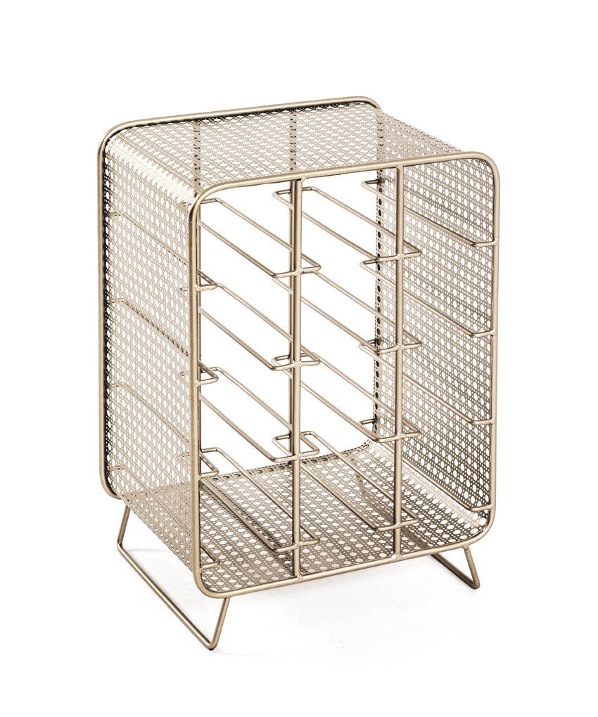 Zurbrüggen Flaschenregal Goldfarbener Metall-Organizer mit perforierten Seitenwänden und mehreren Ablage-/Einschubebenen, freistehend auf Füßen, in schräger Frontansicht vor weißem Hintergrund.