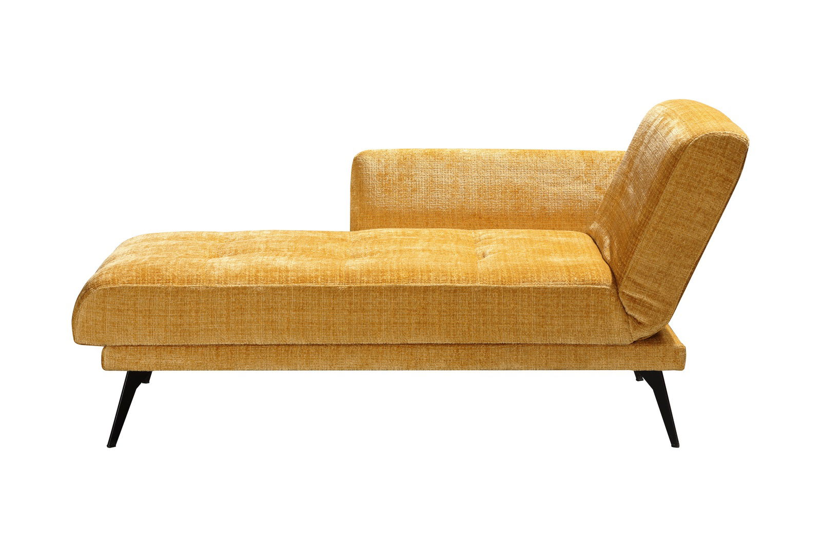 Seitliche Ansicht einer gelben Einzelliege mit schwarzem Metallgestell.