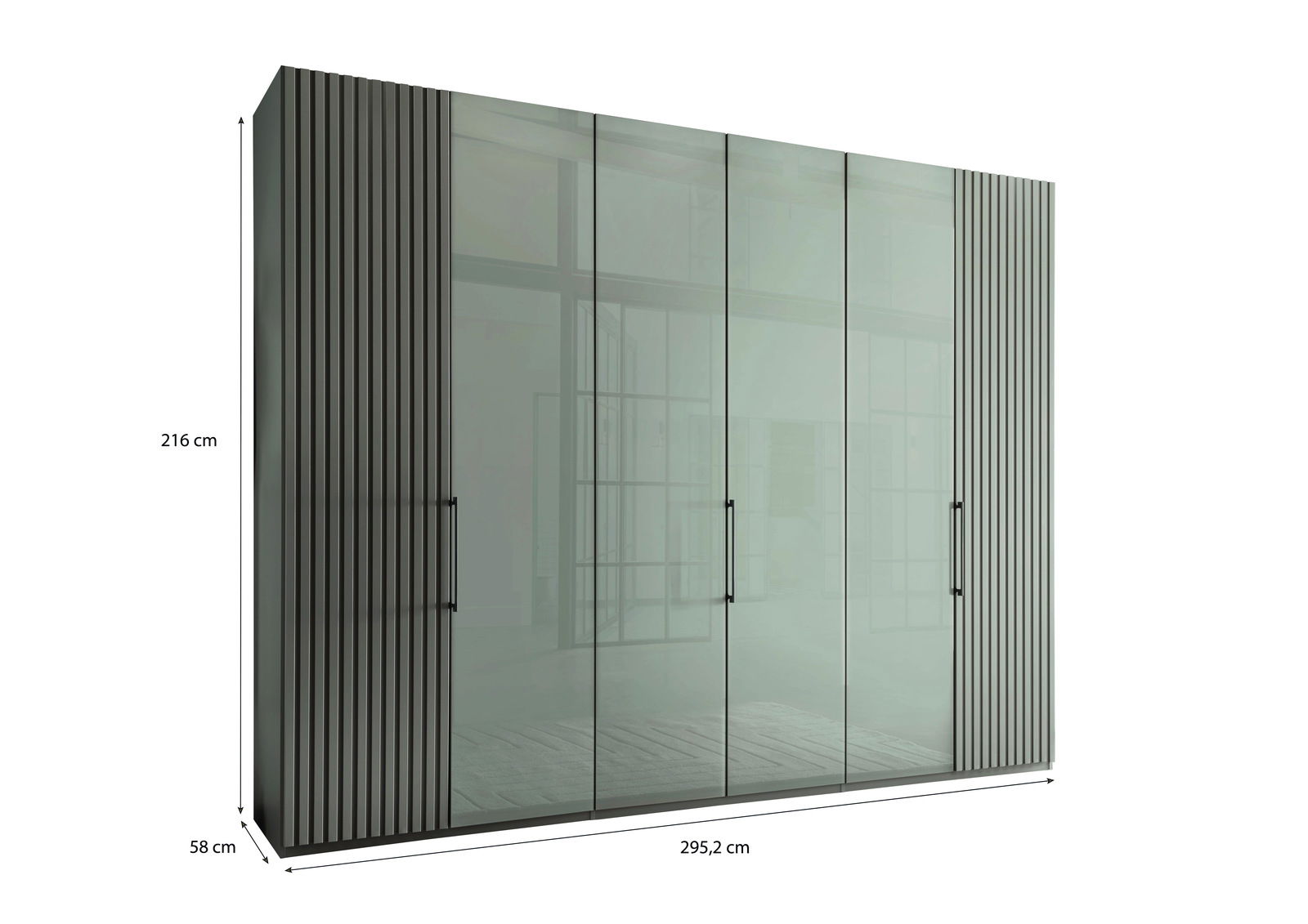 Großer Drehtürenschrank mit Glasfronten, seitlicher Perspektive, Maße: 216 cm hoch, 295,2 cm breit, 58 cm tief.
