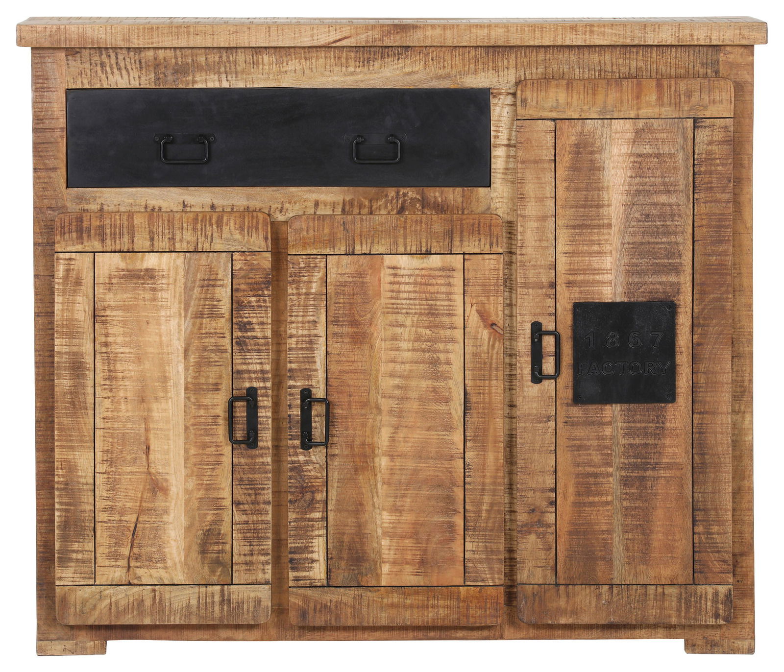 Schuhschrank aus Holz mit drei Türen und einer Schublade, frontal abgebildet