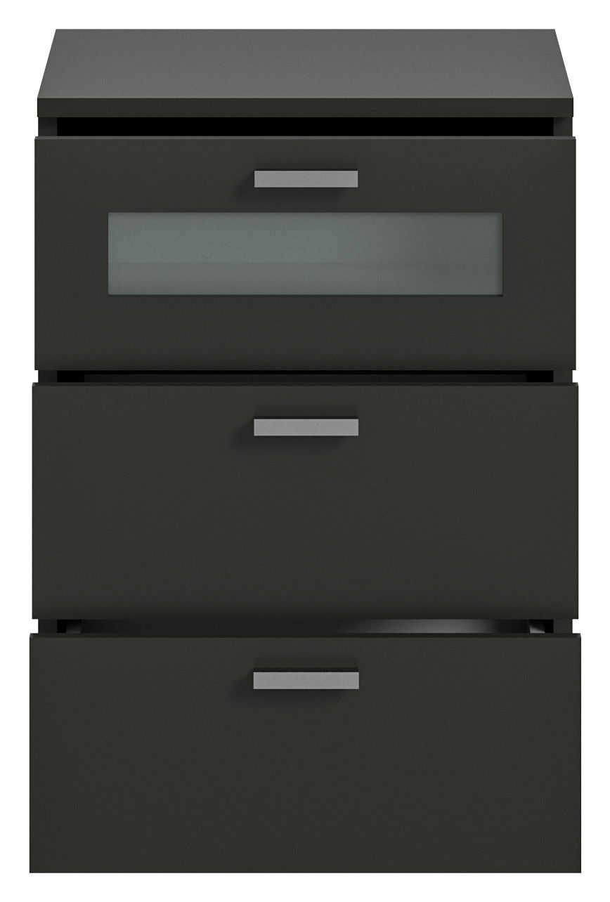 Schwarze Nachtkommode mit drei Schubladen, eine mit Glaseinsatz, Frontalansicht