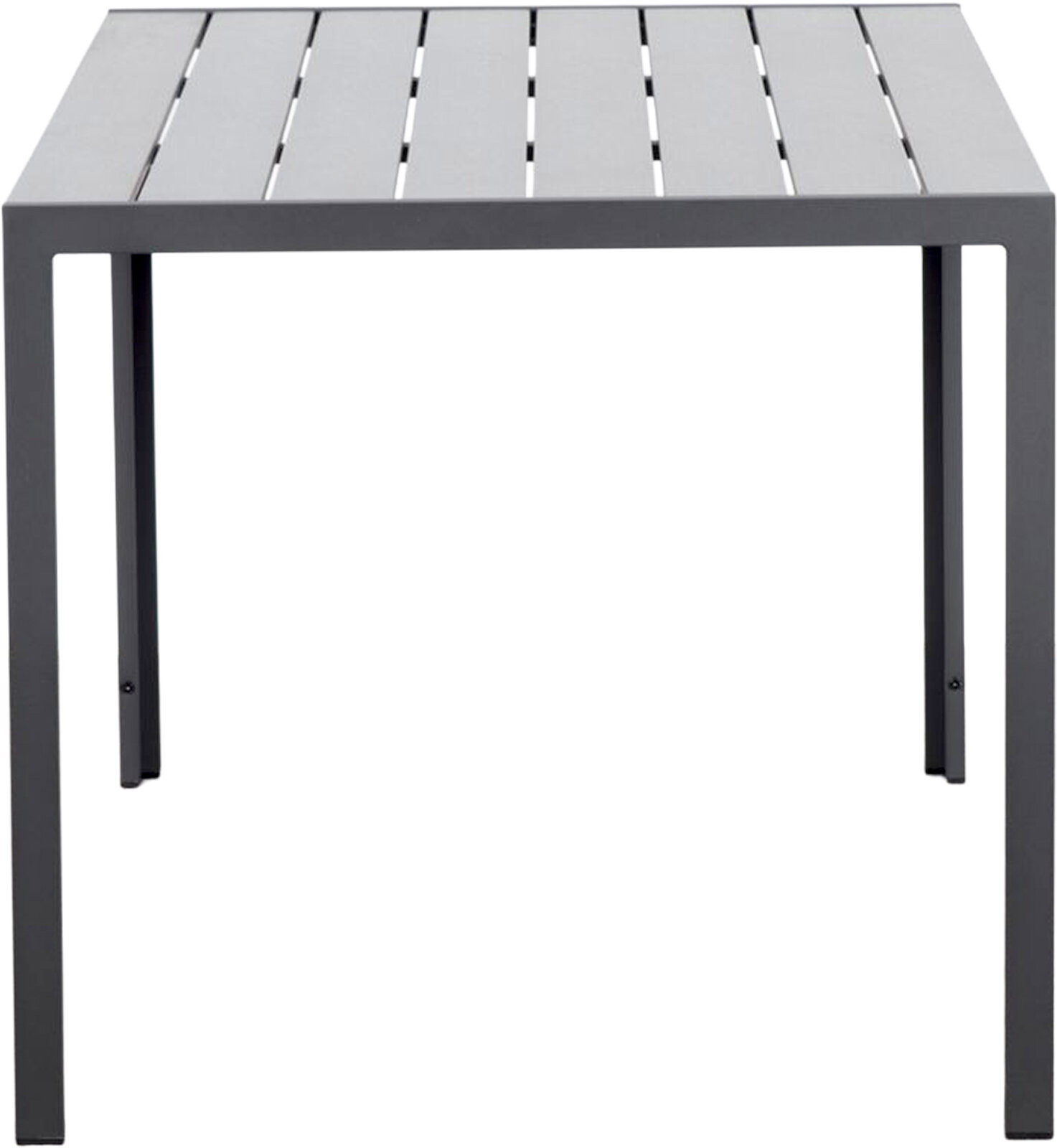 Moderner Gartentisch aus Metall mit Lattenoptik, frontal betrachtet.