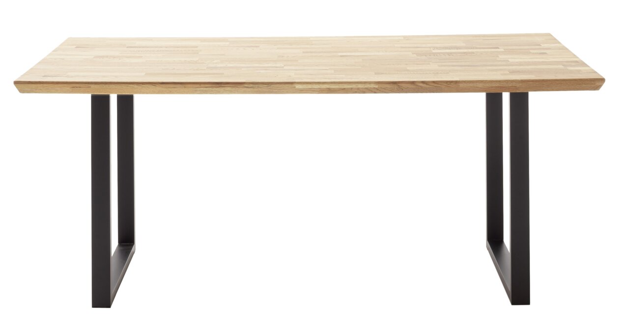 Moderner Esstisch mit Holzplatte und schwarzen Metallbeinen, Frontalansicht